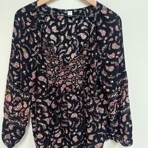 Old Navy Black Blouse with Pink and Yellow Floral Pattern